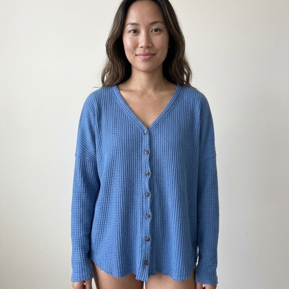 Blue Waffle Knit Button Front Oversized Henley Top Cozy Lounge Layer Size s/m